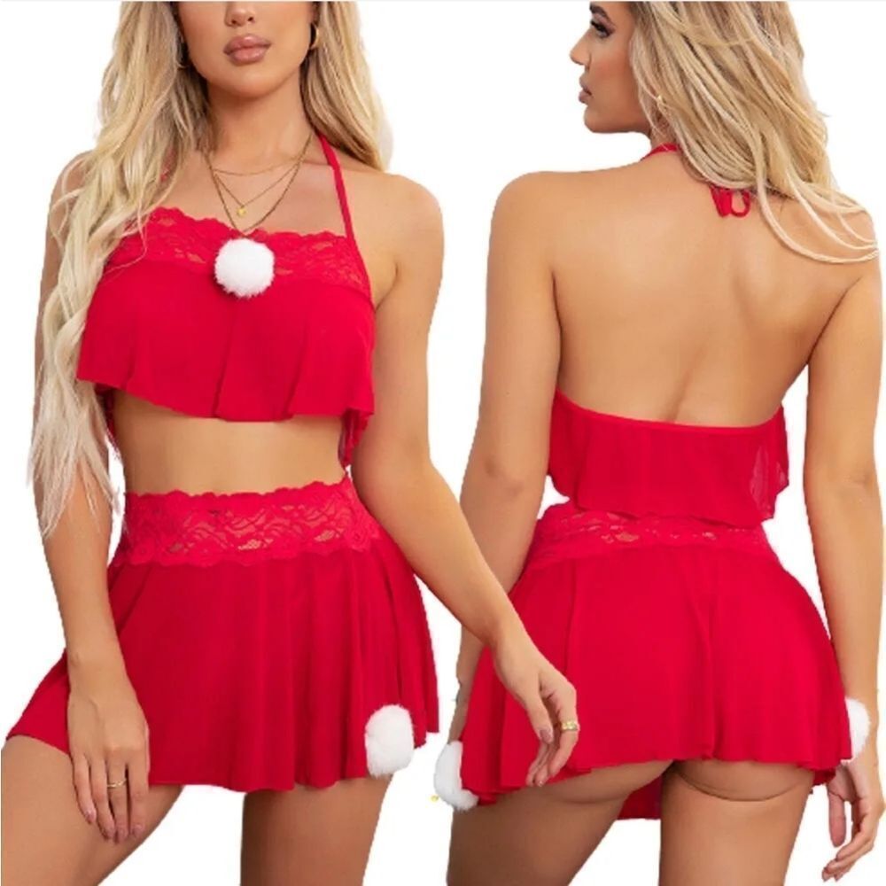 Christmas Sleepwear Sexy Women Xmas Lingerie Santa Bra and Panty Lace Babydoll
